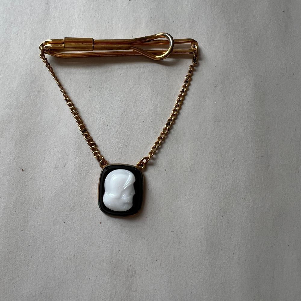 Cameo Tie Clip Vintage Gold Tone Bar Clasp Chain Dapper Mens Jewelry‎